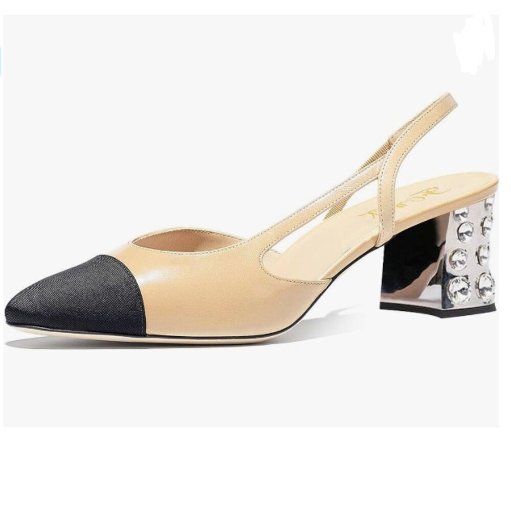 FOWT Beige Rhinestone Rivet Chunky Low Heel Pointed Cap Toe Slingback Pump